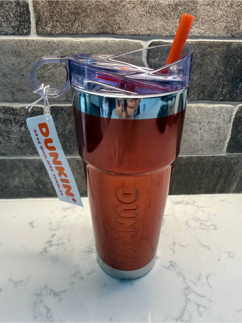 NEW RARE DUNKIN Burnt Orange Foil Metallic 24oz Insulated Tumbler Travel Mug
